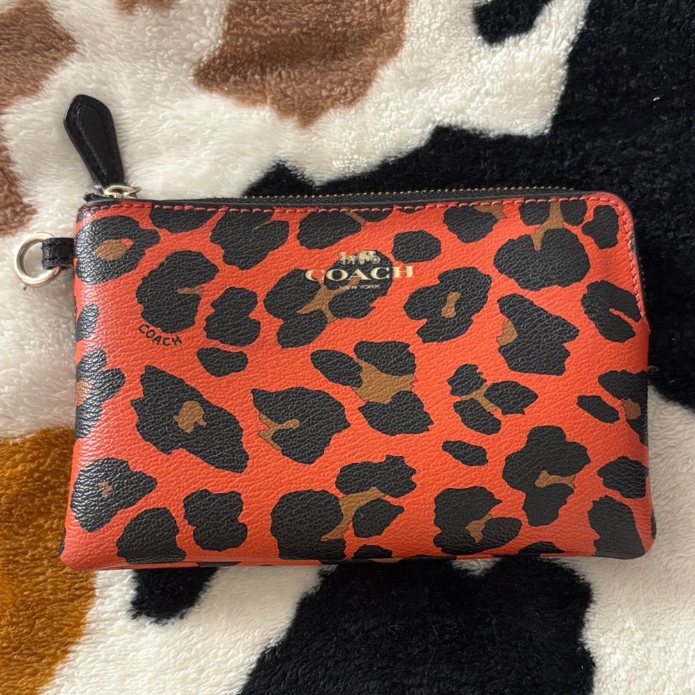 Coach Orange and Black Leopard Print Wristlet